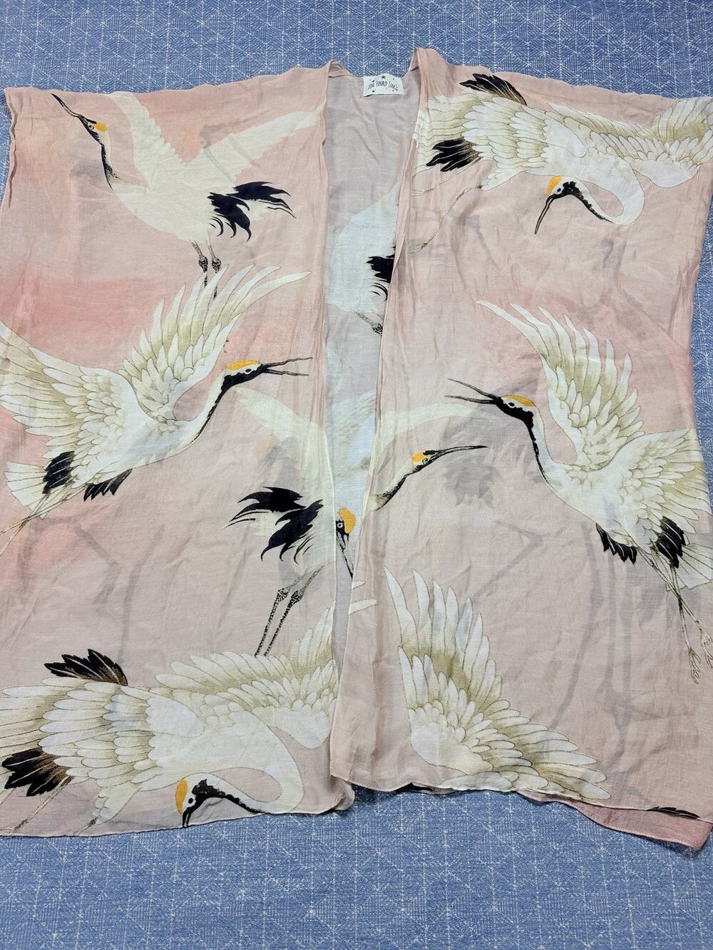 One Hundred Stars Crane Kimono Cardigan Pink Black Cranes Spa One Size OS Women